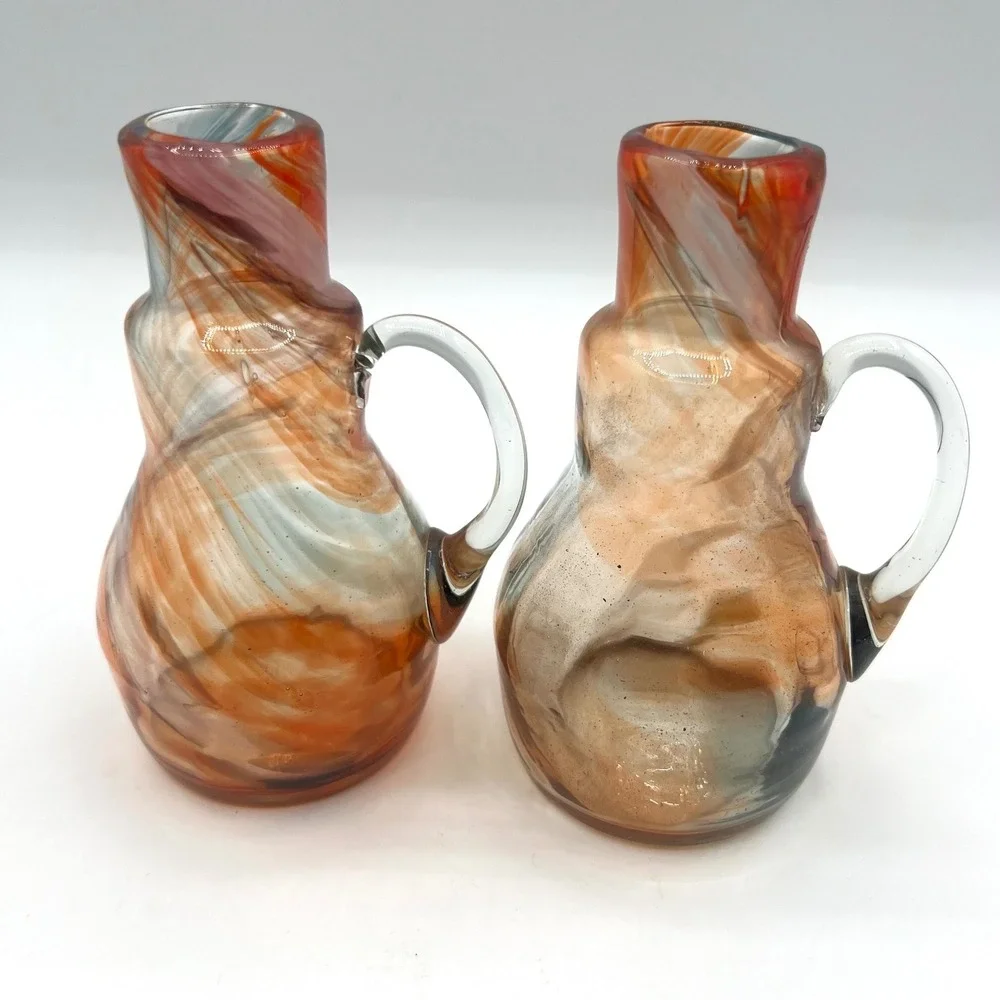 Hand Blown Art Glass Cruet with Applied Handle,‎ Swirl Design, Set of 2